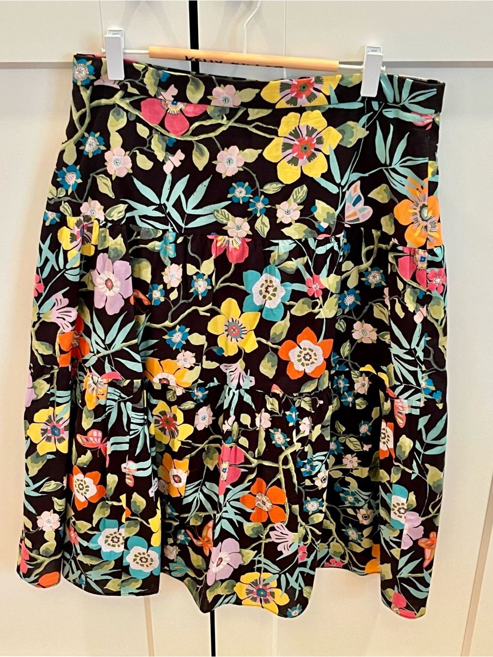 J. Crew Floral Tiered A-line Skirt - Black with Multi-Color Flowers Cottagecore